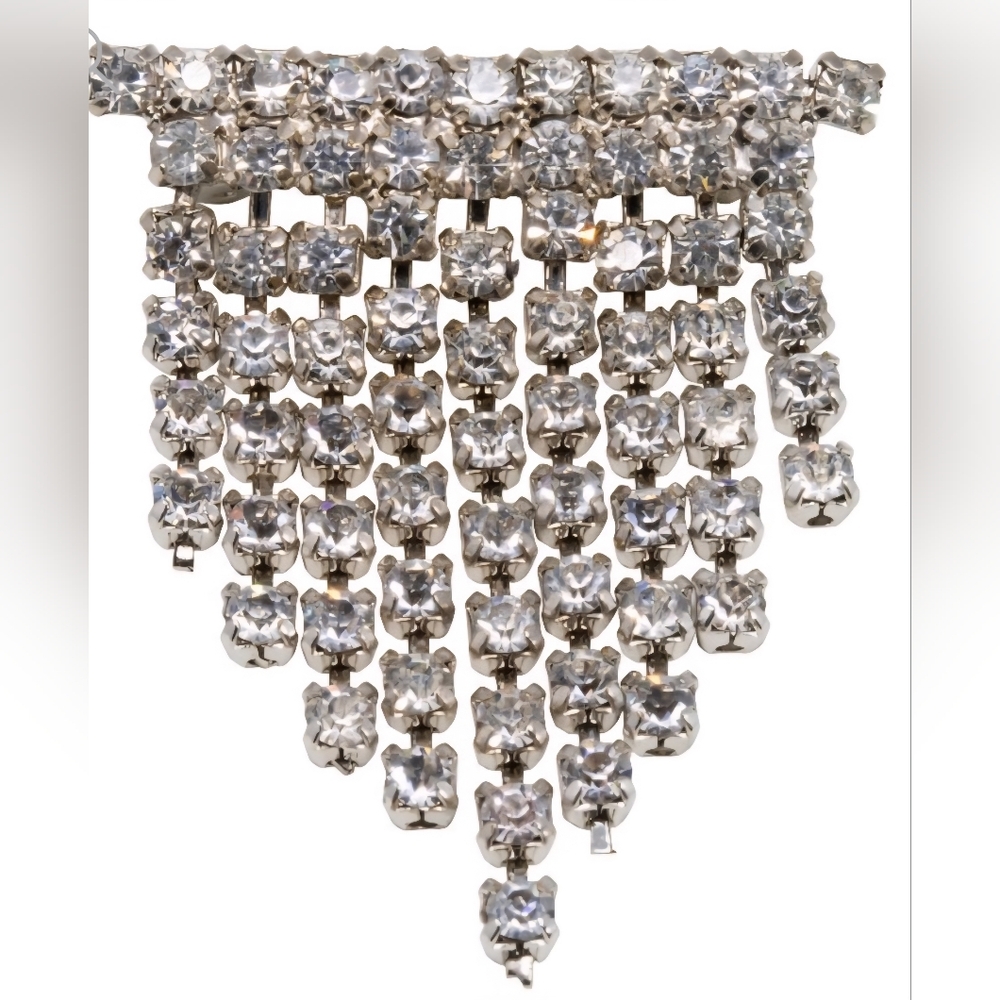 Art Deco Clear Crystal Dangling Brooch Pin, Rhodium Plated, Early 1900s Brooch